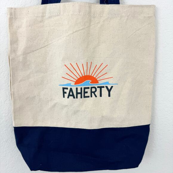 Faherty Canvas Lightweight Reusable Tote Bag Branded Cream Blue - Picture 2 of 8